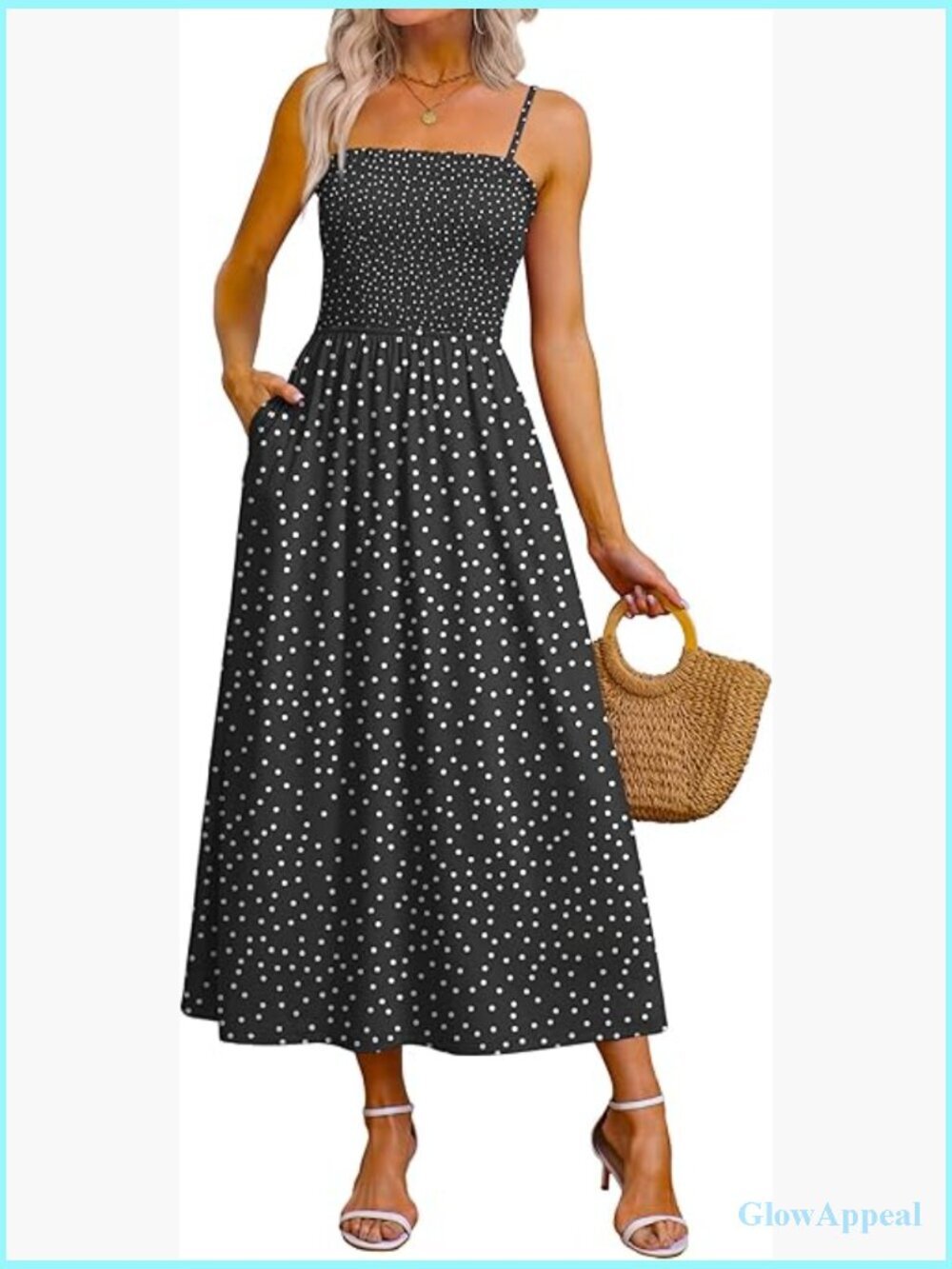 Spaghetti Strap Maxi Dress with Pockets Smocked A-Line Casual Boho Beach